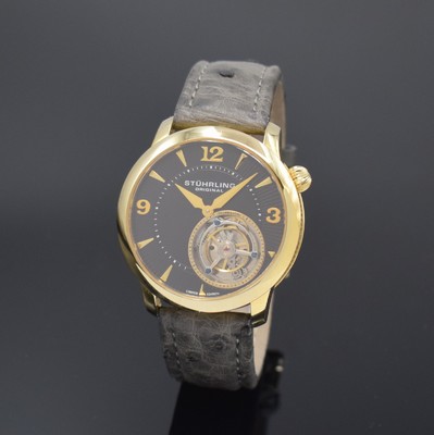 STÜHRLING auf 75 Stück limitiertes Armbandtourbillon, Schweiz um 2015, Handaufzug, verg. Geh. beids. vergl., Boden verschr., neutr. Lederband m. ...