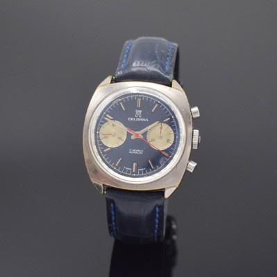 DELBANA Herrenarmbanduhr mit Chronograph, Schweiz um 1970, Handaufzug, verchr. Geh., Stahlboden verschr., blaues Tritiumzifferbl. m. aufges. ...