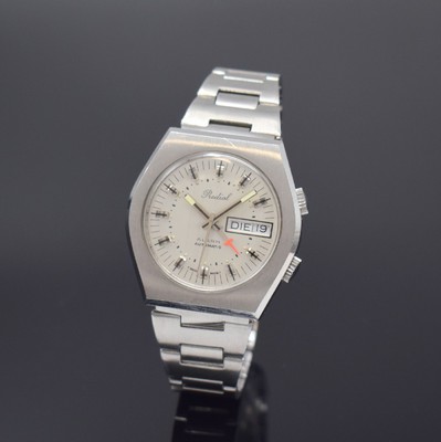 PREDIAL Herrenarmbanduhr mit Wecker in Stahl, Schweiz um 1970, Automatik, tonneauförm. Geh., Boden verschr., neutr. Stahlband m. Faltschl., silb. ...