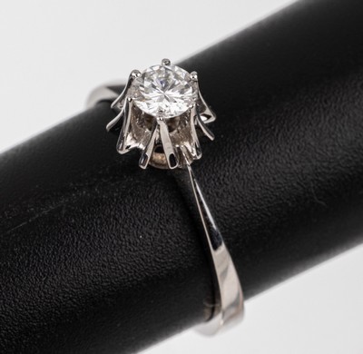 18 kt Gold Brillant-Ring, WG 750/000, Brillant ca. 0.25 ct Weiß/vvs, total ca. 2.1 g, RW 52
