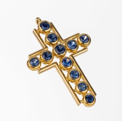 18 kt Gold Saphir-Kreuzanhänger, GG 750/ 000, 11 rundfacett. Saphire zus. ca. 0.70 ct, qualitätvolle Verarbeitung, L. ca. 4.5 cm, ca. 17.6 g