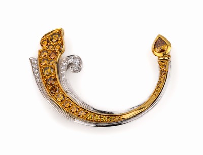 18 kt Gold Diamant-Brosche, GG/WG 750/000, 1 Diamant-Tropfen ca. 0.28 ct und 26 Brillanten zus. ca. 1.13 ct Gelb/Orange/vs, 12 Brillanten zus. ca. ...