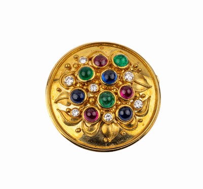 18 kt Gold Farbstein-Brillant-Brosche, GG 750/000, 3 Smaragd-Cabochons zus. ca. 0.87 ct, 3 Rubin-Cabochons zus. ca. 1.12 ct, 3 Saphir-Cabochons zus. ...