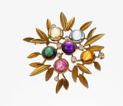 18 kt Gold Farbstein-Brillant-Brosche, GG 750/000, versch. Farbsteincabochons u.a. grüner und pinkfarb. Turmalin, Amethyst, Citrin, Aquamarin zus. ...