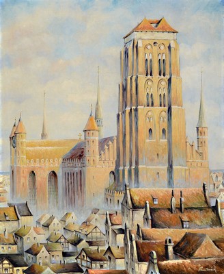 Paul Kreisel, 1891 Danzig - 1982 Polen, Danzig, mit Ansicht der Marienkirche, Öl/Lwd, signiert, 75 x 62 cm, Rahmen: 86 x 72 cm, Rahmen l. best. bzw. ...