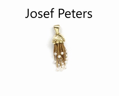 14 kt Gold Perl-Clipanhänger, GG 585/000, Anfertigung JOSEF PETERS Essen, baldachinartig gestaltet, bewegl. Quastenabhängungen in versch. Längen ...