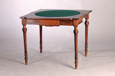 Konsolentisch/Spieltisch, um 1870/80, Palisanderfurnier, nach hinten ausziehbare Beine, aufklappbare Platte, ca.75x87 cm, Tiefe 43.5 cm, EZ 2
