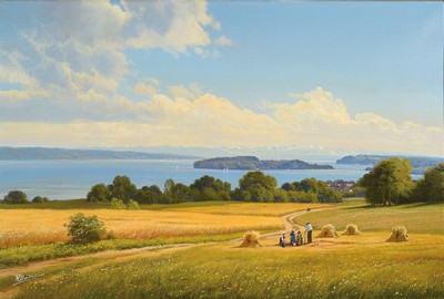 Wolfgang Heinz, 1930 Schopfheim-2014, Sommerliche Bodenseeandschaft, Getreideernte mit Blick auf die Insel Mainau, im Hintergrunddie Alpen, Öl/Lwd, ...