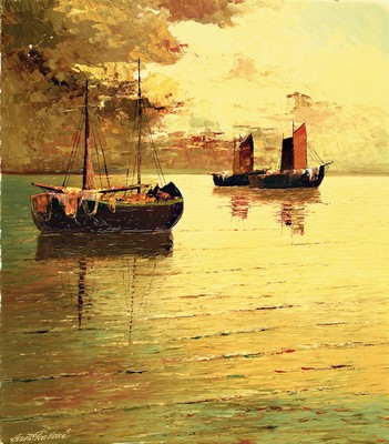Georg Arnold-Graboné, 1896 München-1982 Starnberg, Segelboote auf ruhiger See im Abendrot, Öl/Lwd, expressiver pastoser Farbauftrag, links unten ...