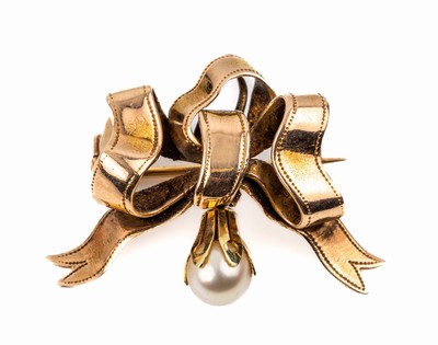 14 kt Gold Zuchtperl Brosche, GG 585/000, gepr., Perlabhängung bewegl., total ca. 5.8 g