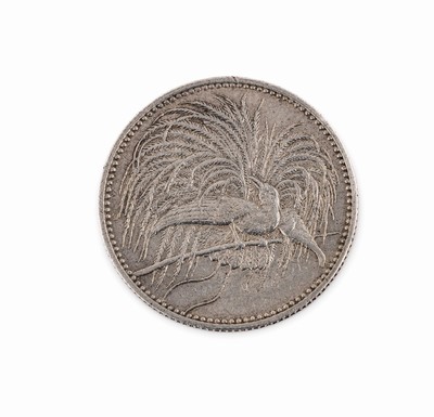 Silbermünze 1/2 Neu-Guinea Mark, 1894, AV: 1/2 Neu-Guinea Mark, Bambuszweig, Neu-Guinea Compagnie, RV: Paradiesvogel