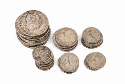 Konvolut 42 Silbermünzen, best. aus: 4 x 5 Francs Belgien, Leopold II 1869, 1870, 1872 und 1873, 1 x Korona Franz Joseph, 1908, 1 x 5Lira Vittorio ...