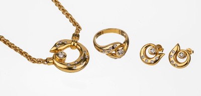 14 kt Gold Brillant-Schmuckset, GG 585/000,best. aus: 1 Collier, Mittelteil mit 11 Brillanten zus. ca. 0.12 ct Weiß/si, L. ca. 45 cm, ...