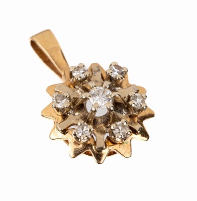 18 kt Gold Diamant-Anhänger, GG 750/000, sternförmig, Aufbau in mehreren Ebenen, mittigBrillant umgeben von 6 8/8-Diamanten zus. ca. 0.19 ct ...