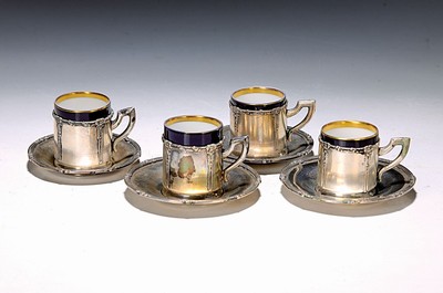 Heißgetränkeset, Österreich/Ungarn, 1867-1872, 800er-Silber, Porzellantässchen königsblau glasiert u. Goldrand, Historismus, 6 Tassen mit UT, 6 ...