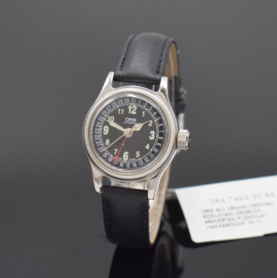 ORIS Damenarmbanduhr Big Crown in Stahl Referenz 7464, Schweiz um 1995, Automatik, beids. vergl. Geh., Boden verschr., schwarzes Zifferbl. m. arab. ...