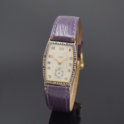 HUBER Armbanduhr in GG 585/000, Schweiz um 1925, Handaufzug, emaill. Scharniergeh., silb. Zifferbl. m. arab. Zahlen, gold. Zeiger, kl. Sek. b. 6, ...
