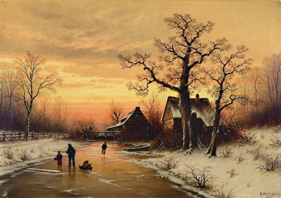 Georg Schmitz, 1851 Düsseldorf-1917 Hamburg, Abendrot über verschneiter Waldlandschaft, Personen auf dem Weg zum Bauernhaus, Öl/Lwd, rechts unten ...