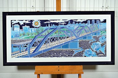 Sabine Pohl, geb. 1953, pfälzische Künstlerin, "Konrad-Adenauer-Brücke", Blick von Ludwigshafen nach Mannheim, ornamental -stilisierter ...