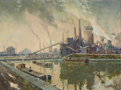 J. Willems, wohl belgischer Maler, Industrielandschaft, Rückseitig bez. Complexe industrie P. de al Providence a la Sambre, a Mareinelle, ...par J. ...