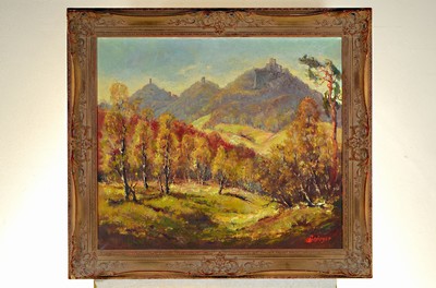 Ludwig Petzinger, 1927-2014 Pirmasens, Blick auf Trifels, Anebos und Münz, Öl/Lwd, rehcts unten signiert, ca. 70x80cm, R. ca. 88x98cm