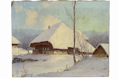 Unbekannter Künstler im Duktus des Karl Hauptmann (1880-1947), Winterlandschaft mit verschneitem Schwarzwaldhof, unsigniert, dreiseitig beschnitten, ...