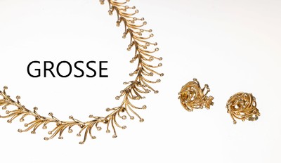 GROSSE Schmuckset, Metall verg., deutsch, abstrakte florale Gestaltung mit farblosen Strasssteinen, best. aus: Collier, L. ca. 41 cm, ...