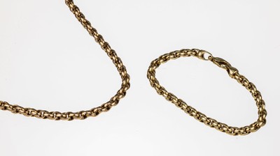 14 kt Gold Schmuckset, ca. 80.2 g, GG 585/000, best. aus: Collier, L. ca. 45 cm, Armband, L. ca. 19 cm, Karabinerschließen, Armband als ...