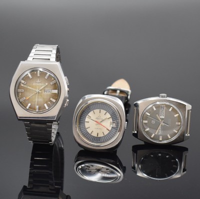 ALPINA, DUGENA und Tutima 3 Armbanduhren in Stahl, Schweiz 1970er Jahre, Automatik, Böden verschr., 1) Alpina Futura, unsign. Geh., silb./blaues ...