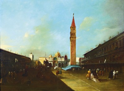 Ungedeuteter Maler des 19. Jh., Der belebte Markusplatz in Venedig, in der Art des Canaletto (1697-1768), Öl/Lwd, unsigniert, ca. 70x95cm, R. ca. ...