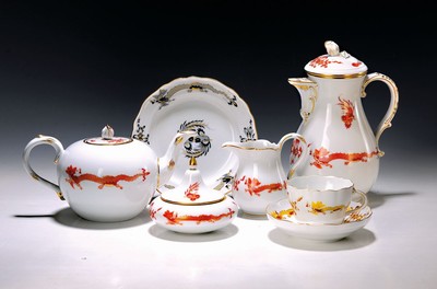 Kaffeeservice, Meissen, 60er Jahre, für 6 Personen, Porzellan, Drachendekor, bunt, Kernstück: Kaffeekanne, Zuckerdose, Sahnegießer und Teekanne in ...