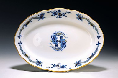 Große ovale Platte, Meissen, 1924-33, blauer Drachendekor, Goldrand, Porzellan, 30 x 41 cm