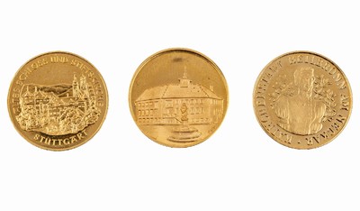 Konvolut 3 Goldmedaillen, GG 986/000 und 900/000, 1 x Rimbach im Odenwald, 1 x Heilbronn am Neckar, 1 x Stuttgart, ca. 11.4 g