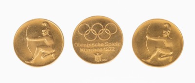 Konvolut 3 Goldmedaillen "Olympische Spiele 1972", GG 900/000, jeweils RV mit Bogenschützen