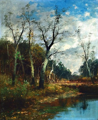 Theodor Walter, Pseudonym des Karl Kaufmann, 1843-1902/05, Vollmond hinter Wolken über einem Waldstück mit Weiher, Öl/Lwd, links unten signiert, ...