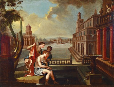 Unbekannter Künstler, um 1810-20, Drei Personen bei der Fußwaschung, auf einem Balkon sieht eine Harfenspielerin zu, Öl/Lwd, doubl., Keilrahmen ...