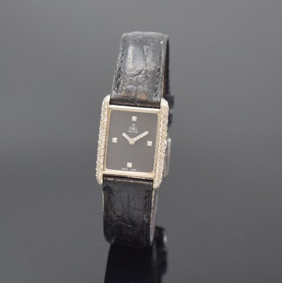 EBEL Damenarmbanduhr in WG 750/000, Handaufzug, Schweiz um 1970, 2-teil. Geh. aufw. m. Diamanten bes., schwarzes Zifferbl. m. 4 Diamantindizes, ...