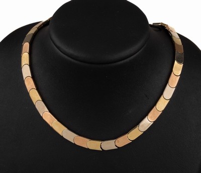 14 kt Gold Collier, ca. 35 g, GG/WG/RoseG 585/000, pol., L. ca. 41 cm, Kastenschloß mit Sicherheitsacht