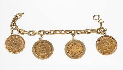 14 kt Gold Münzarmband, GG 585/000, 4 lose gefasste Goldmünzen, 1 x 10 Dollar USA 1894; 1X 20 Franken, sogn. Vreneli, Schweiz 1922, 1 x 20 Mark ...