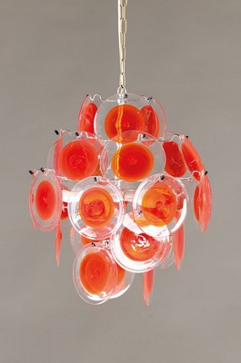 Deckenlampe, Gino Vistosi (1925-1980), Italien, Metallmontur mit farblos-roten Glasscheiben z.T. leicht bestoßen, H. ca. 122 cm, nicht geprüft