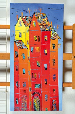 Vladmir Smahtin, geb. 1955 Moskau, lebt und arbeitet in Ludwigshafen, Studium an der Akademie Moskau, hier: Häuser, Acryl/Lwd, ca. 80x40cm