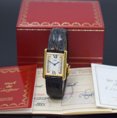 CARTIER Damenarmbanduhr Tank Vermeil Referenz 590005, Schweiz verk. lt. beil. Pap. 05/1995, quarz, 2-teil., verg. Silbergeh. inkl. Lederband (zu ...