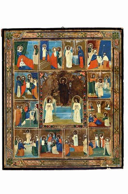 Ikone, Russland, 2. Hälfte 20. Jh., Festtagsikone, 13 Felder, Szenen aus dem Leben Jesu, Tempera/Holz, leichte Farbabblätterungen bzw. ...