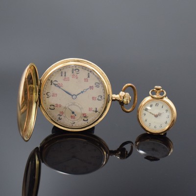 Herrensavonette und Damentaschenuhr in GG 585/000, Schweiz um 1900/1920, 1) Herren- Savonette, guill. 2-Deckel Goldgeh. berieb., vers. Zifferbl., ...