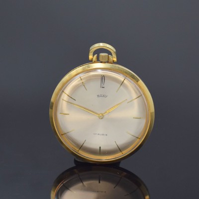 ROXY Frackuhr in GG 585/000, Schweiz um 1960, Handaufzug, 2-teil. gedr. Gehäuse, silb. Zifferbl. m. gold. Std.-Ind., gold. Zeiger, Kal. AS 1130, D. ...
