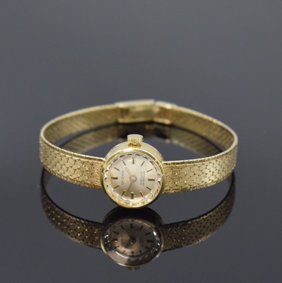 ORDIAM Damenarmbanduhr in GG 585/000, Schweiz um 1970, quarz, 2-teil. Gehäuse, Boden gedr., Milanaiseband, silb. Zifferbl. m. aufges. Std.-Ind., ...