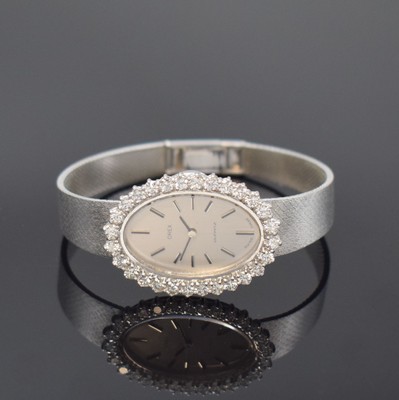 OREX Damenarmbanduhr in WG 585/000 mit aufwendigem Diamantbesatz zusammen ca. 2ct, Schweiz um 1970, quarz, 2-teil. Geh., Boden aufgedr., silb. ...