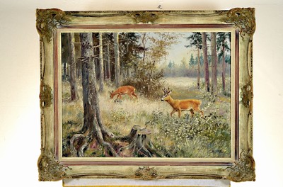 Richard Scholz, 1860-1939, Bock und Ricke im Winterwald, Öl/Lwd, signiert, ca. 60 x 80 cm, Rahmen
