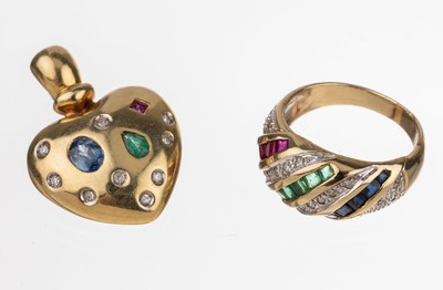 14 kt Gold Farbstein Konvolut, GG 585/000, bestehend aus: Clipanhänger mit ovalfacett. Saphir ca. 0.40 ct, Rubincarree ca. 0.03 ct, facett. ...