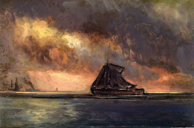 Zuschreibung: Christian Molsted, 1862-1930, Schiff auf ruhiger See unter Wolken verhangenem Himmel, Öl/Lwd/Holz, unsign., ca. 29x45.5cm
